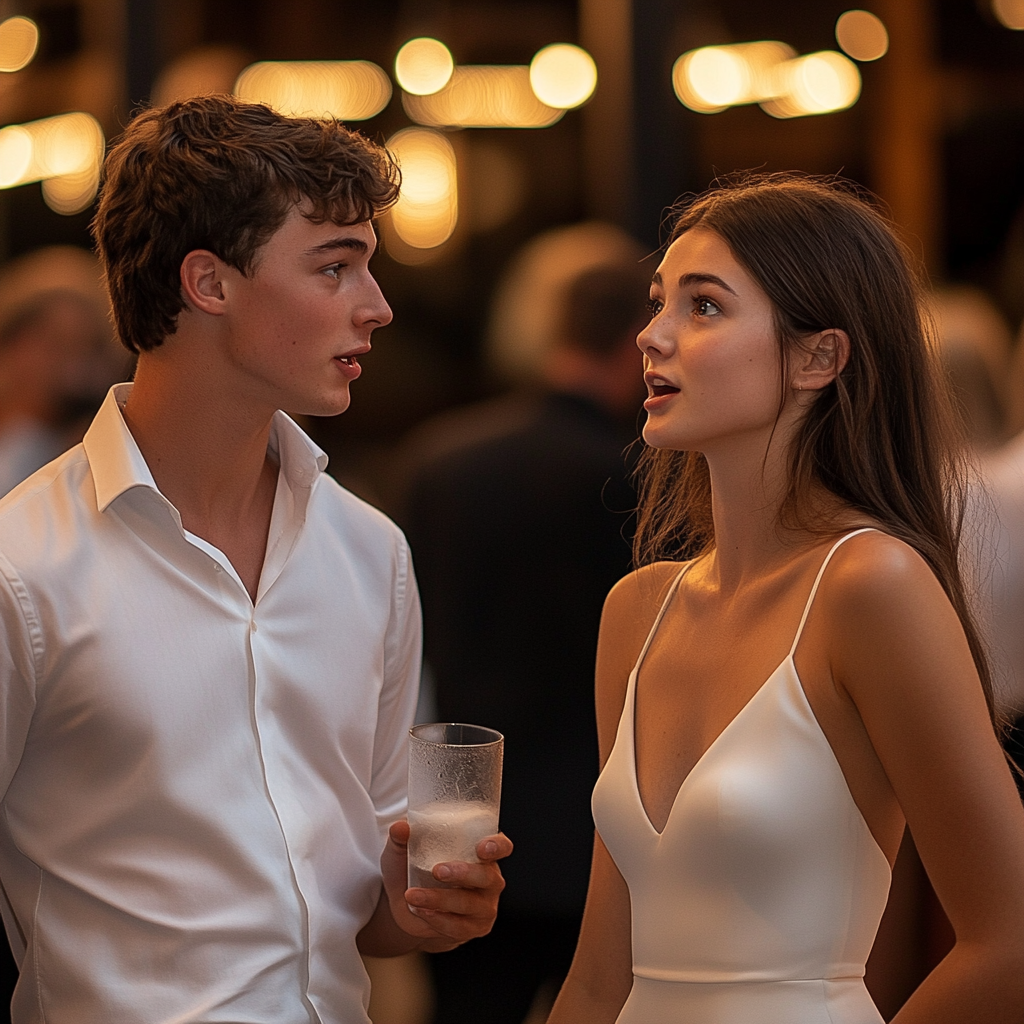 A young man talking to a woman at an event | Source: Midjourney