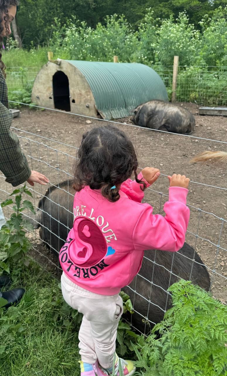 Juno Jackson leans in for a closer look during a visit to the farm | Source: Instagram/jodiesmith
