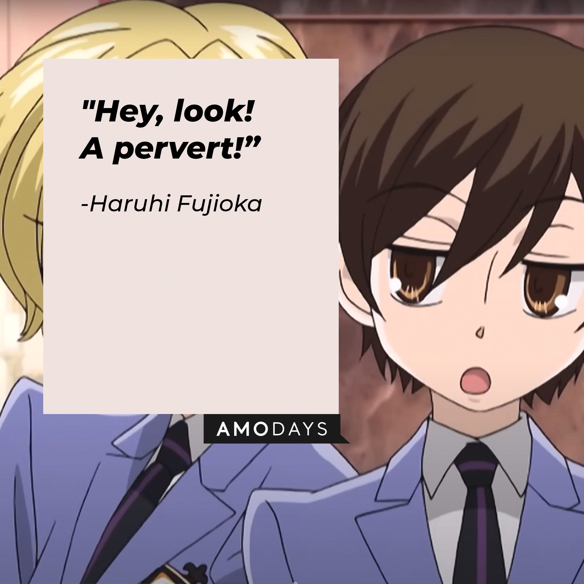 A picture of the anime character Haruhi Fujioka with a quote by her that reads, "Hey, look! A pervert!” | Image: facebook.com/theouranhostclub