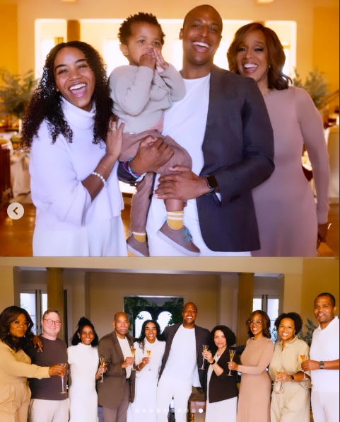 Elise Smith, baby Luca, Will Bumpus Jr., Gayle King, and Oprah Winfrey posing for pictures while toasting with friends and family posted on February 26, 2024 | Source: Instagram/gayleki