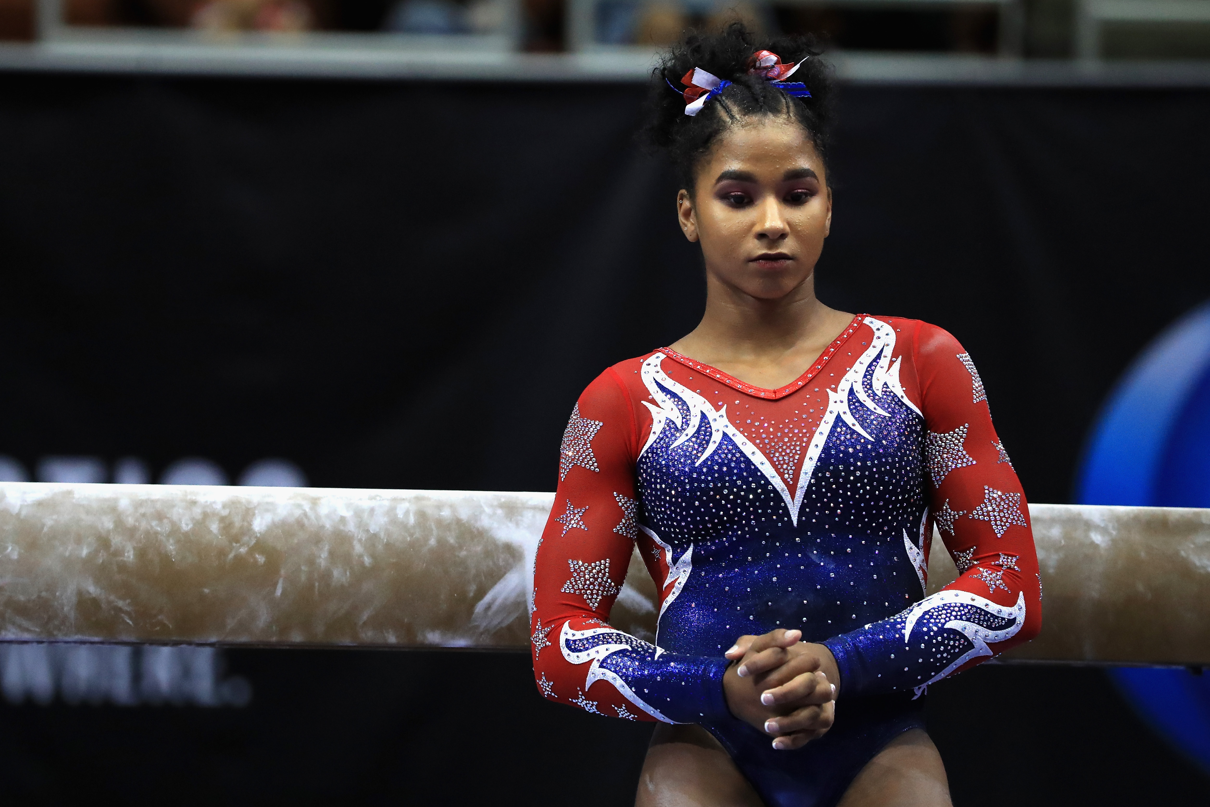 Jordan Chiles looks on during the Balance Beam at the P&G Gymnastics Championships on August 20, 2017, in Anaheim, California. | Source: Getty Images