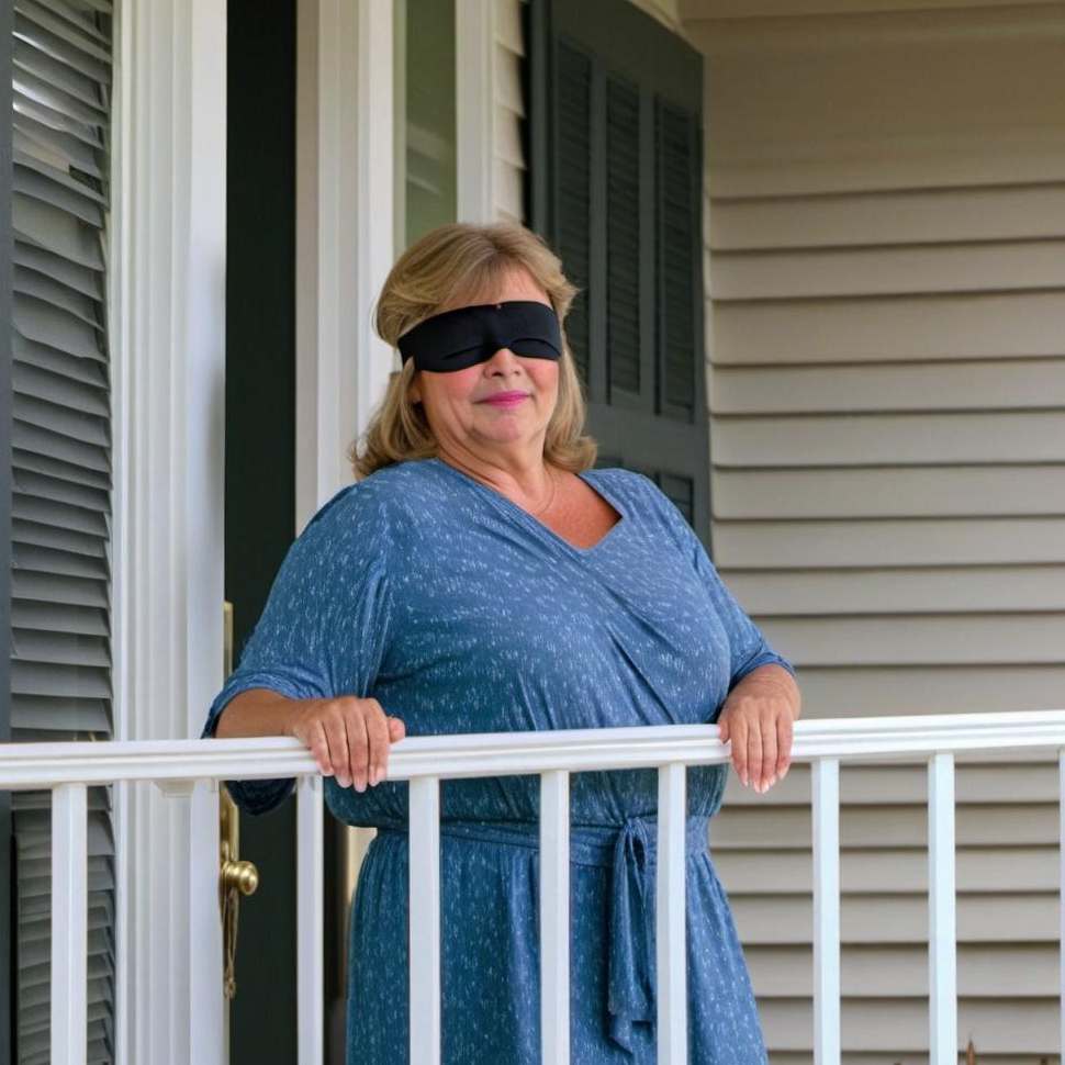 A woman standing on a porch, wearing a blindfold | Source: Midjourney