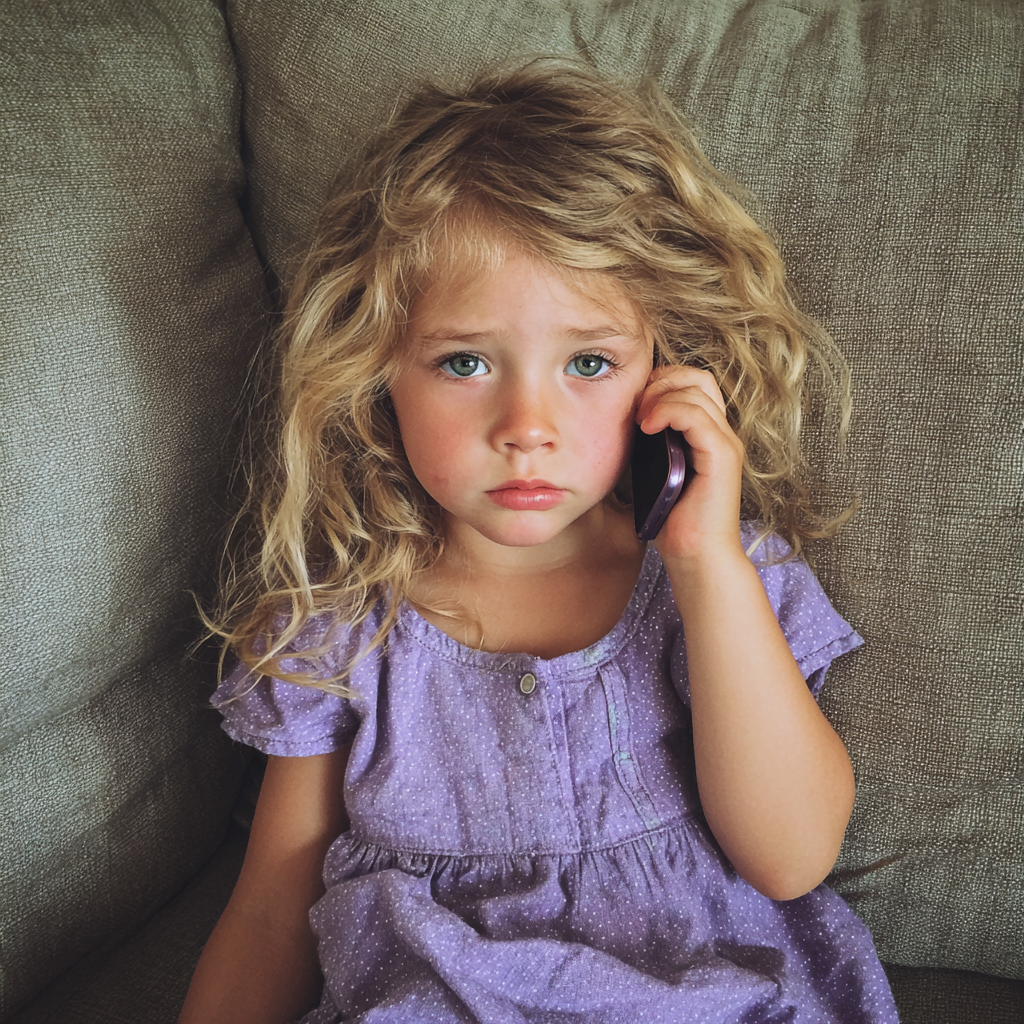 An upset little girl sitting on a couch | Source: Midjourney
