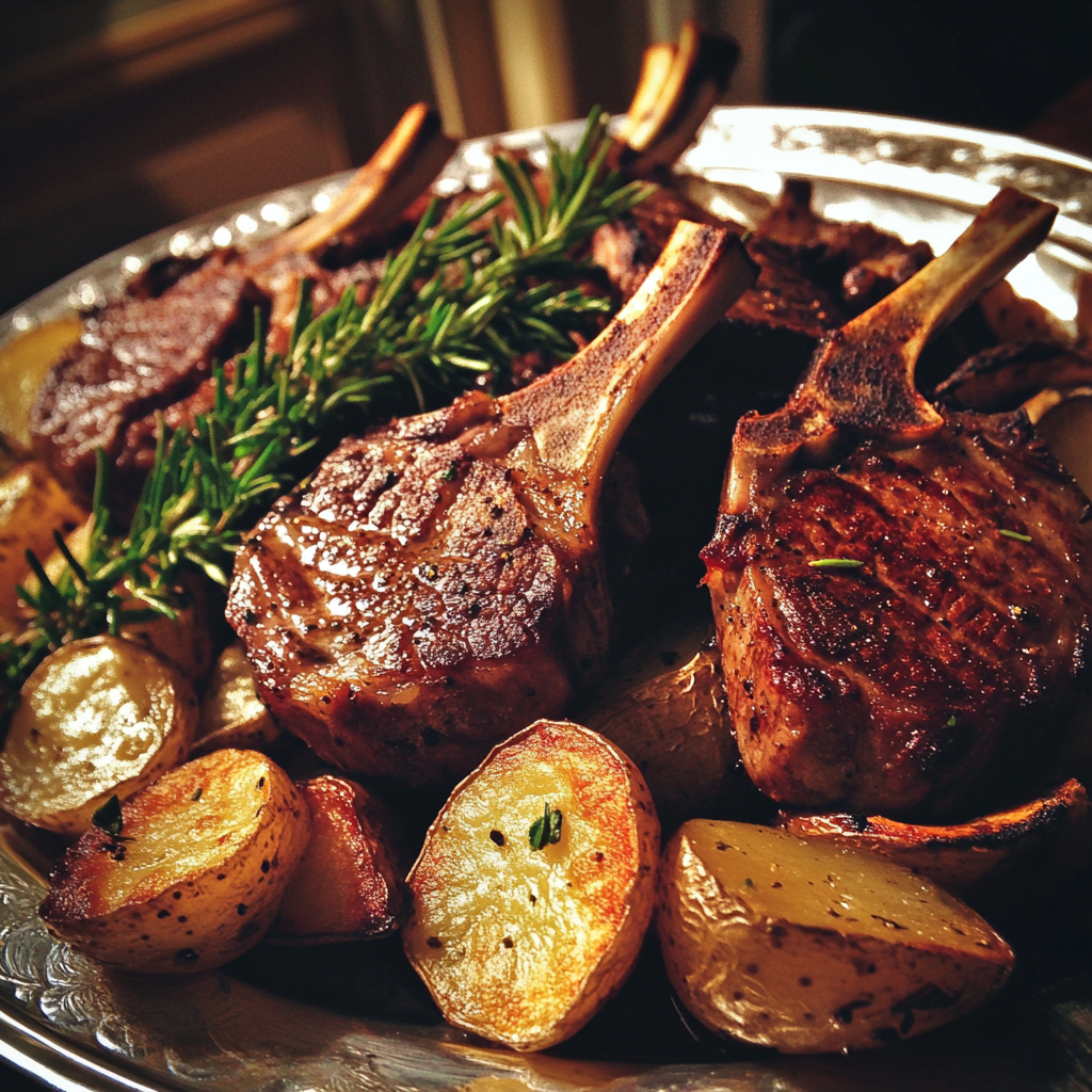 A platter of lamb chops and roasted potatoes | Source: Midjourney