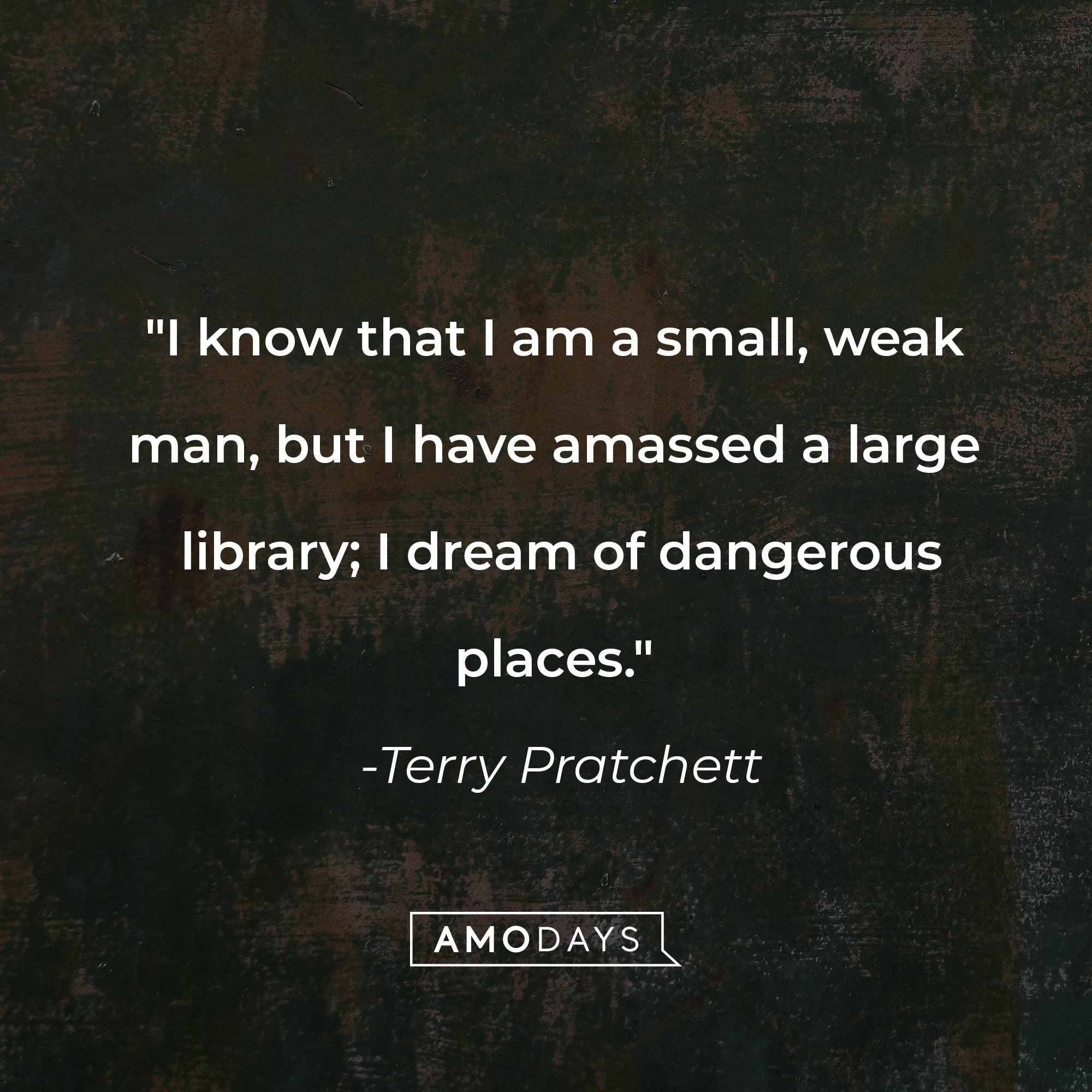 Terry Pratchett's quote: "I know that I am a small, weak man, but I have amassed a large library; I dream of dangerous places." | Image: AmoDays