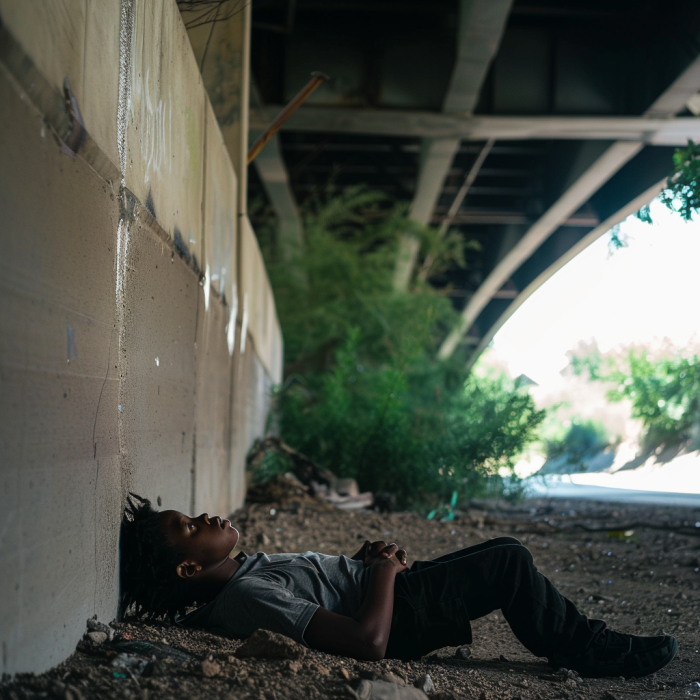 A homeless black boy lying underneath a bridge | Source: Midjourney