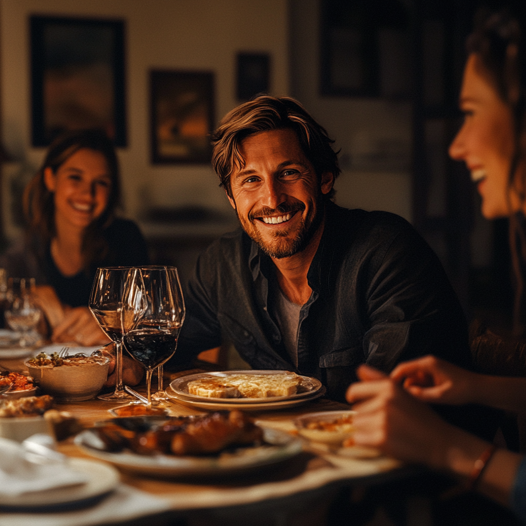 A smiling man at a family dinner | Source: Midjourney