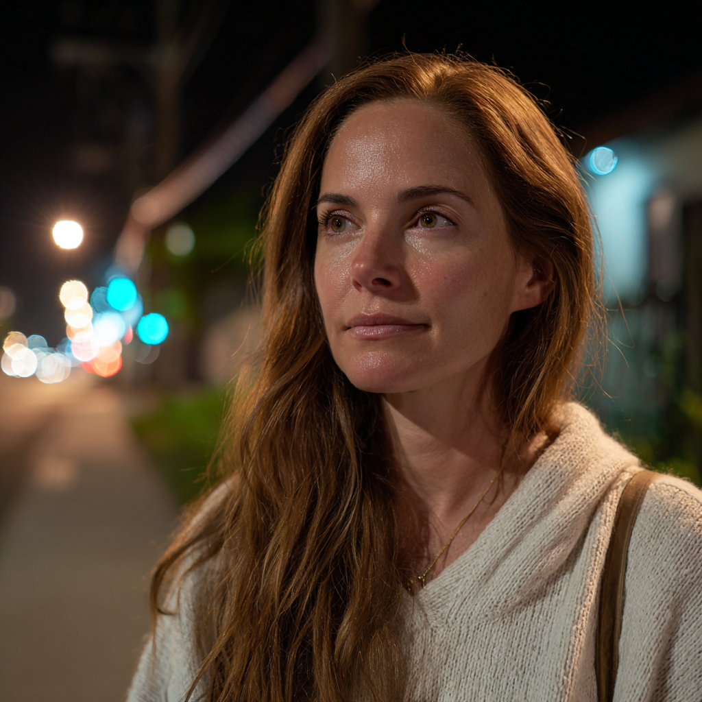 A smiling woman standing outside at night | Source: Midjourney