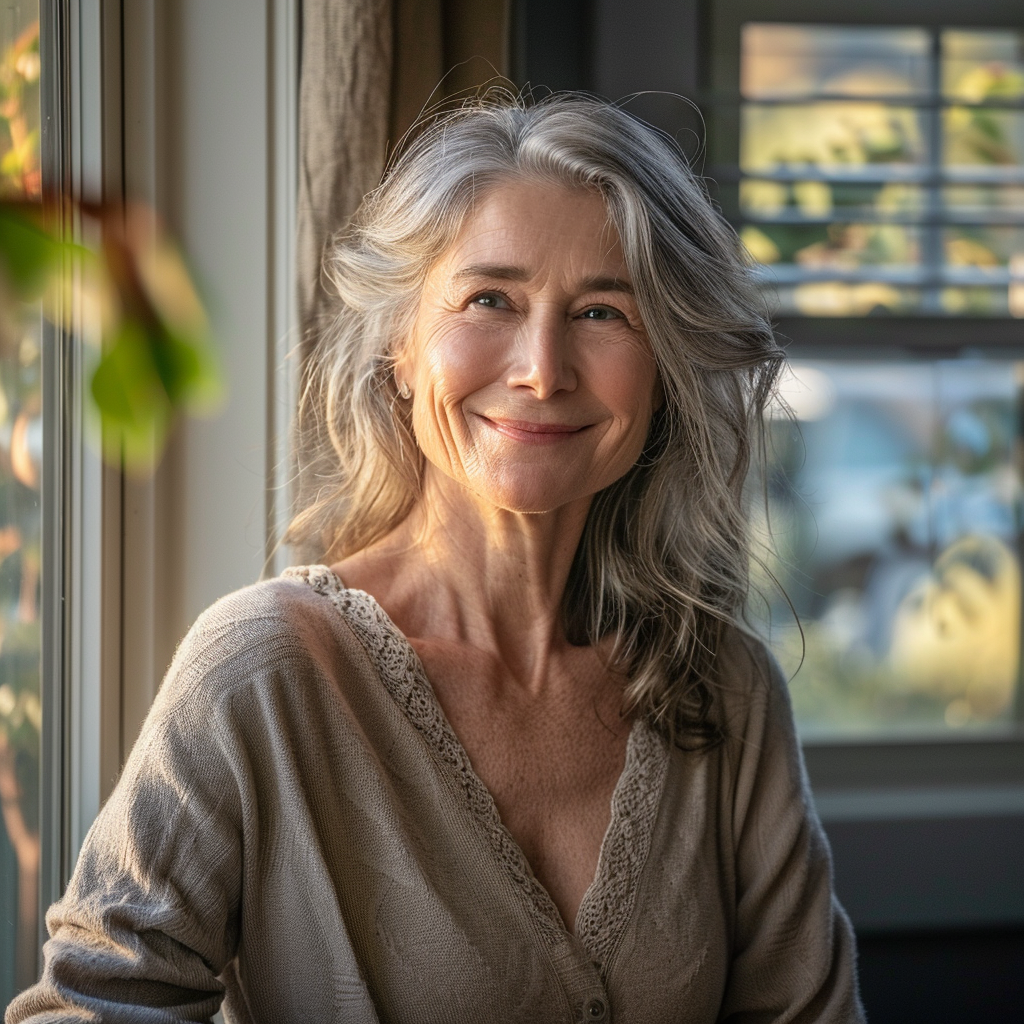 A middle-aged woman smiles while standing by the window | Source: Midjourney