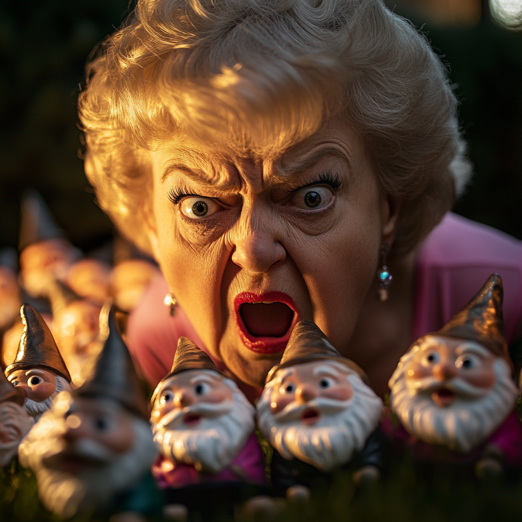 An older woman gaping in shock at seeing garden gnomes | Source: Midjourney