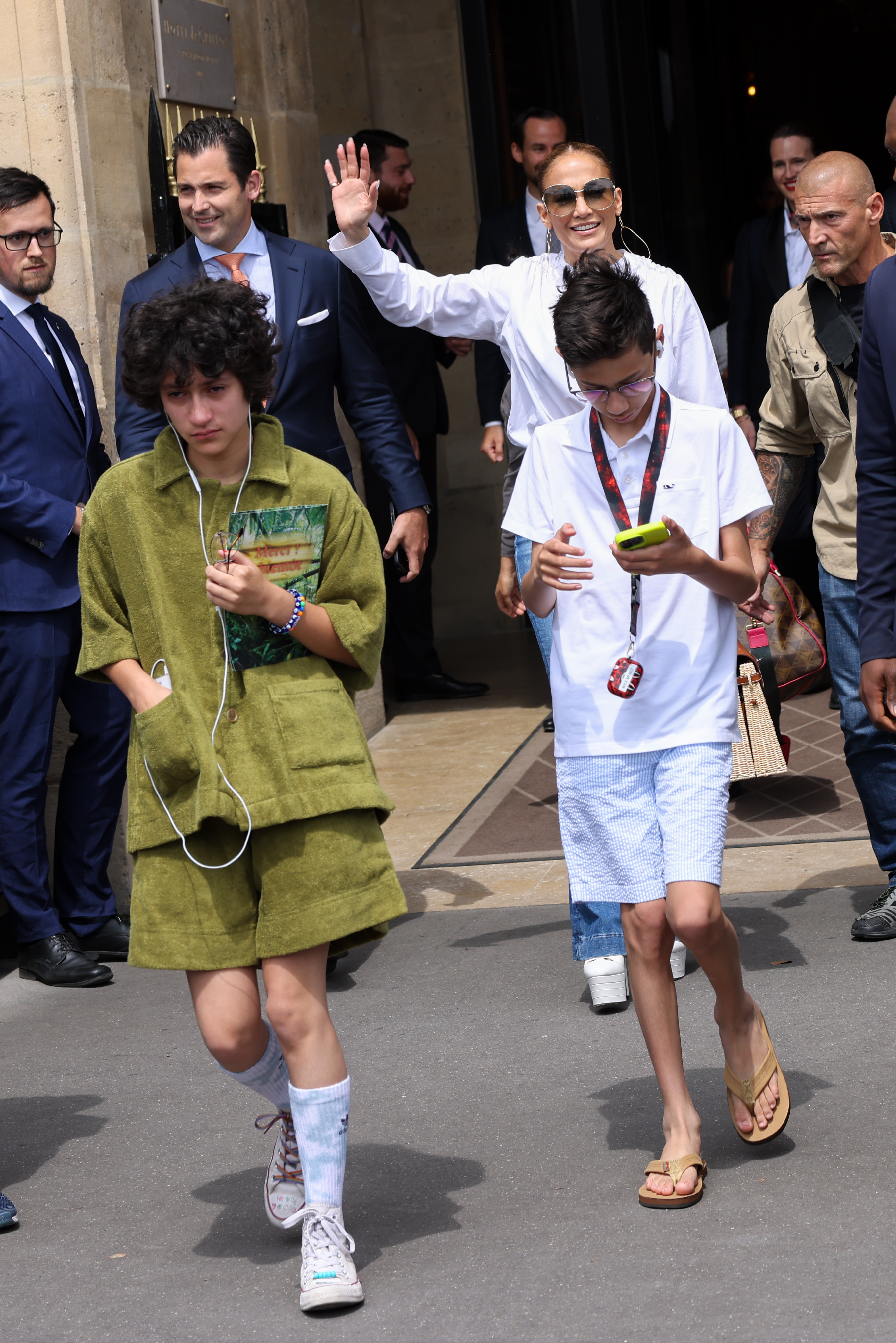 Jennifer Lopez, Emme Maribel and Maximilian David Muñiz are seen leaving the Crillon Hotel on July 27, 2022, in Paris, France. | Source: Getty Images