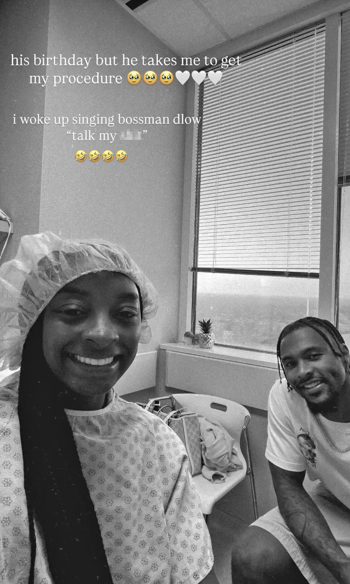 Simone Biles shared this hospital selfie on her Instagram Stories after undergoing a medical procedure. While she thanked husband Jonathan Owens for spending part of his birthday by her side, she did not reveal why she was hospitalized. | Source: Instagram/simonebiles