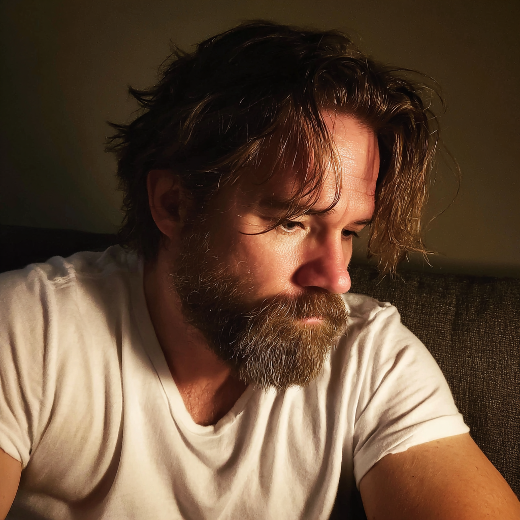 A pensive man sitting on a couch | Source: Midjourney