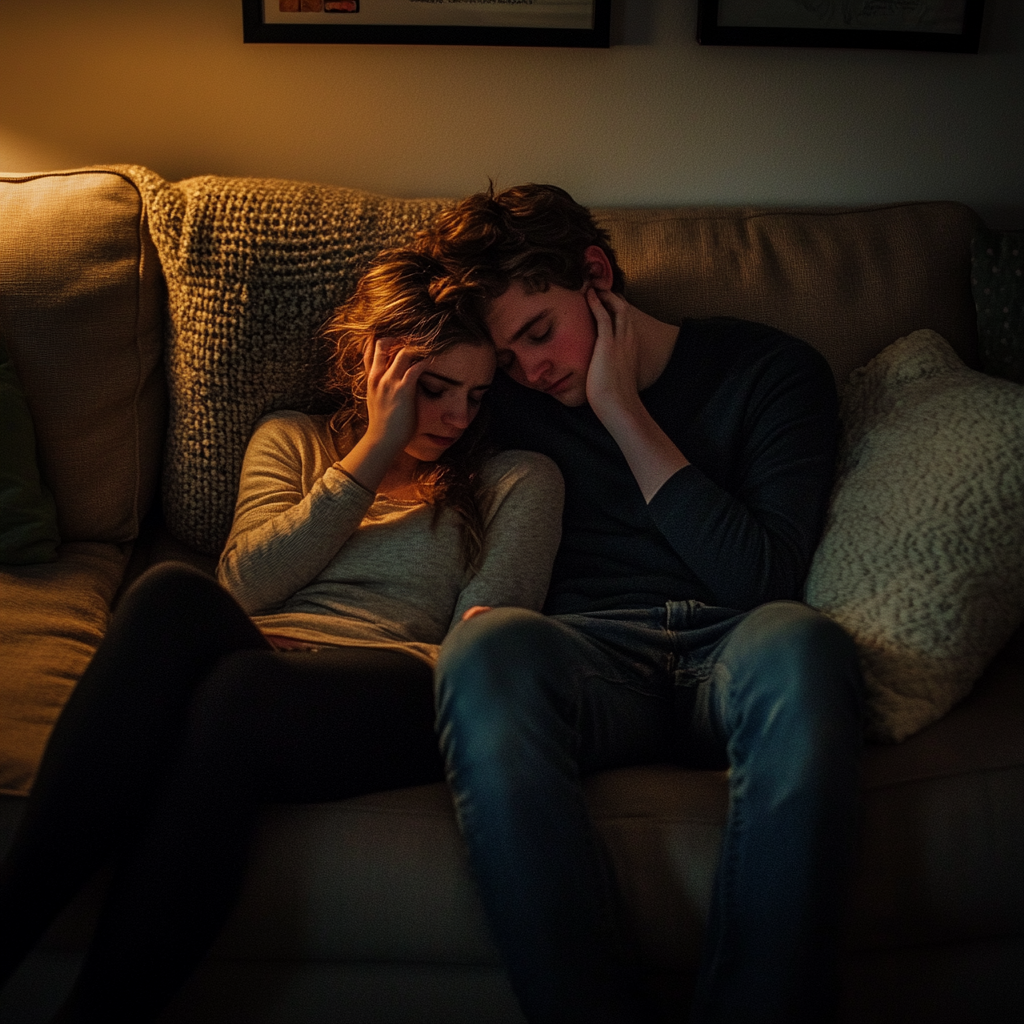 A stressed couple sitting on a couch | Source: Midjourney