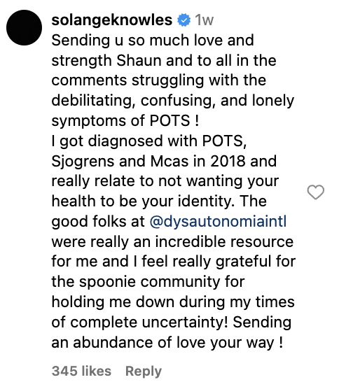 Solange Knowles comments on a post from her fellow musician Shaun Ross, sharing her multiple health diagnoses, on October 14, 2024 | Source: Instagram/shaunross/