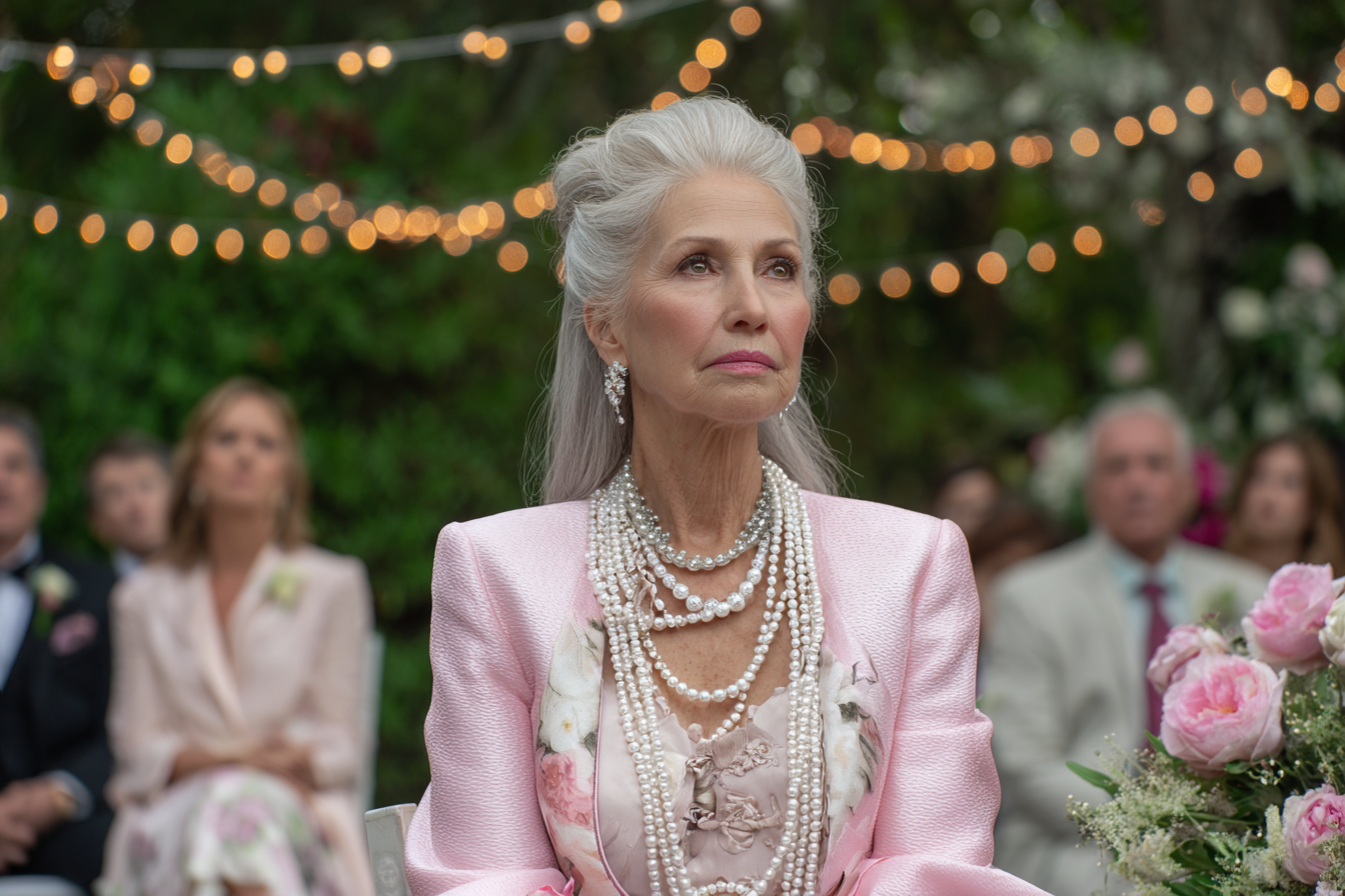 An older woman sitting in an outdoor wedding | Source: Midjourney