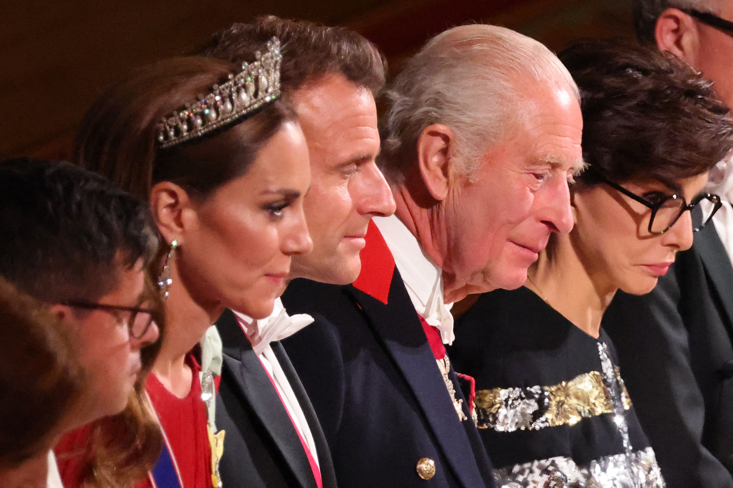 Catherine, Princess of Wales, President Emmanuel Macron, and King Charles III during the State Banquet at Windsor Castle on July 8, 2025. | Source: Getty Images
