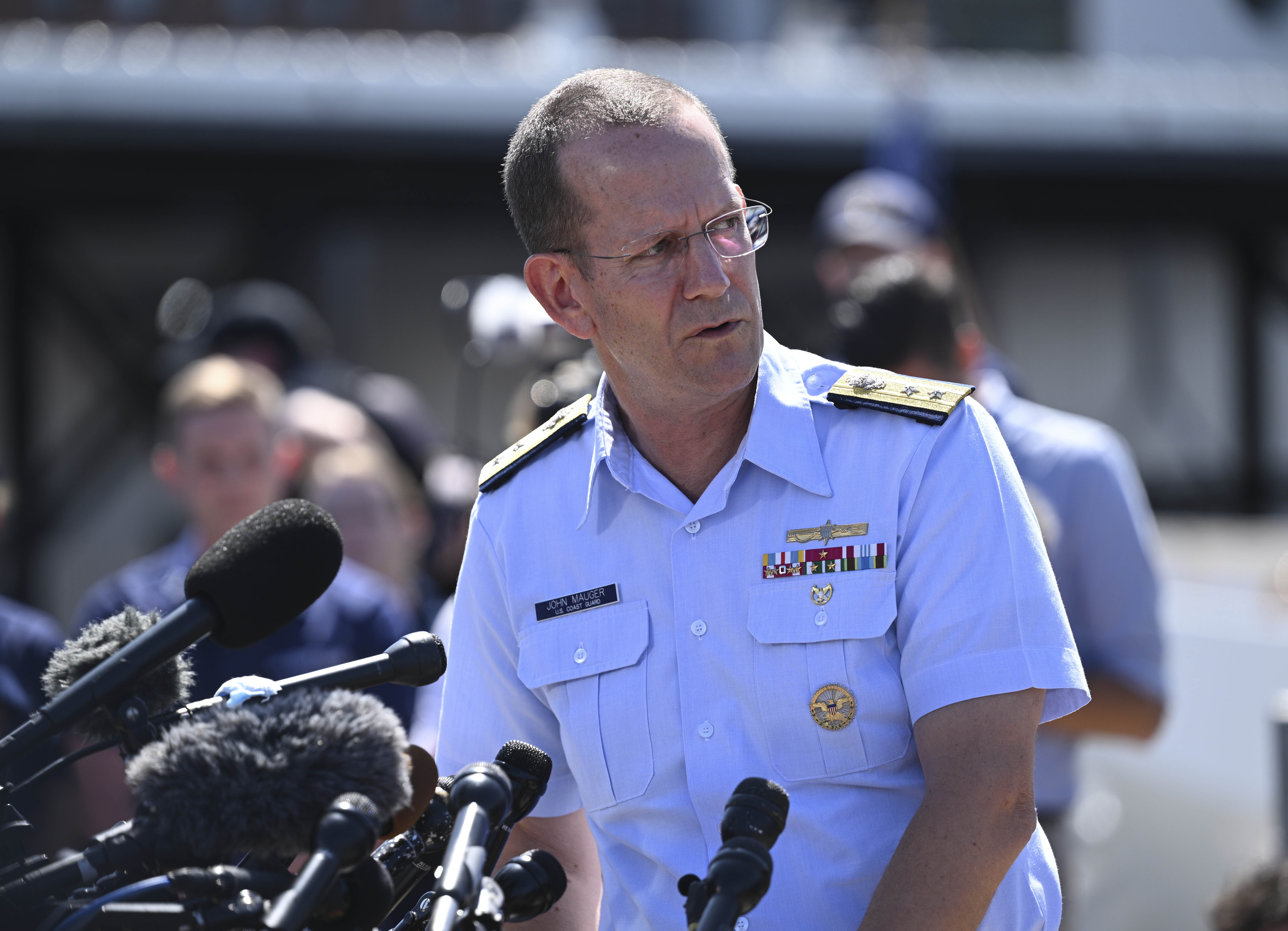 US Rear Admiral, John Mauger, makes statements to the press at the US Coast Guard Base Boston in Boston, Massachusetts, United States on June 22, 2023 | Source: Getty Images