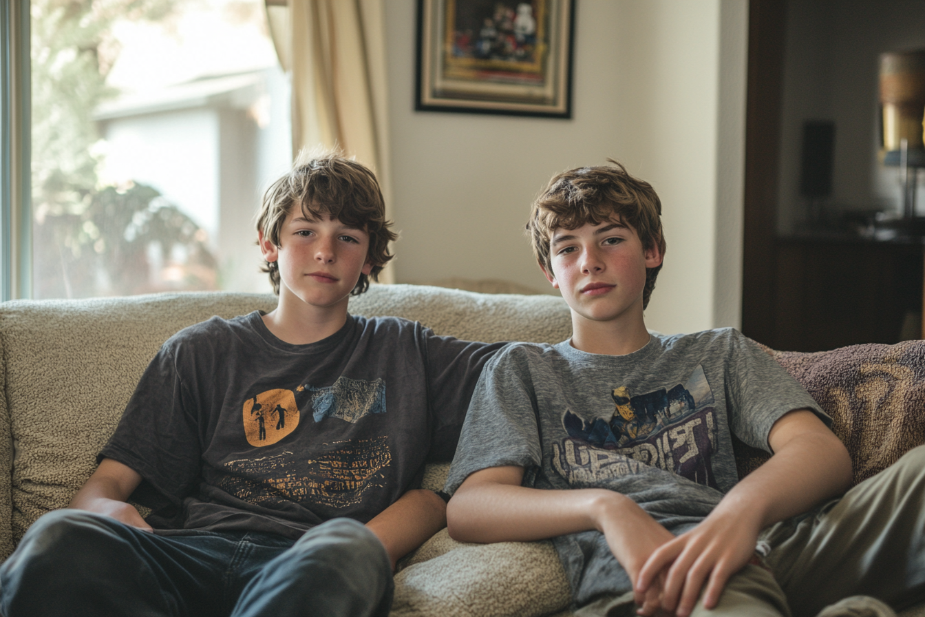 Teen brothers sitting on a sofa | Source: Midjourney