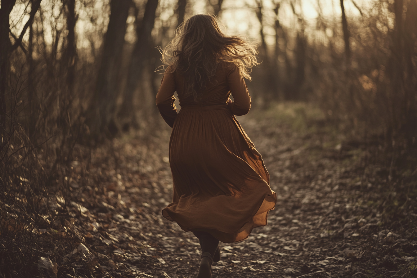 A woman running in the woods | Source: Midjourney