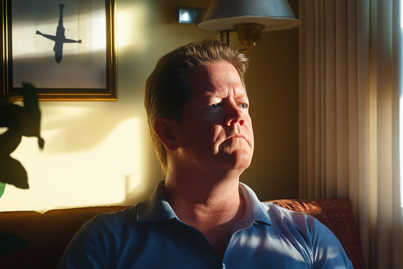 A man sitting in his living room, looking towards the window | Source: Midjourney