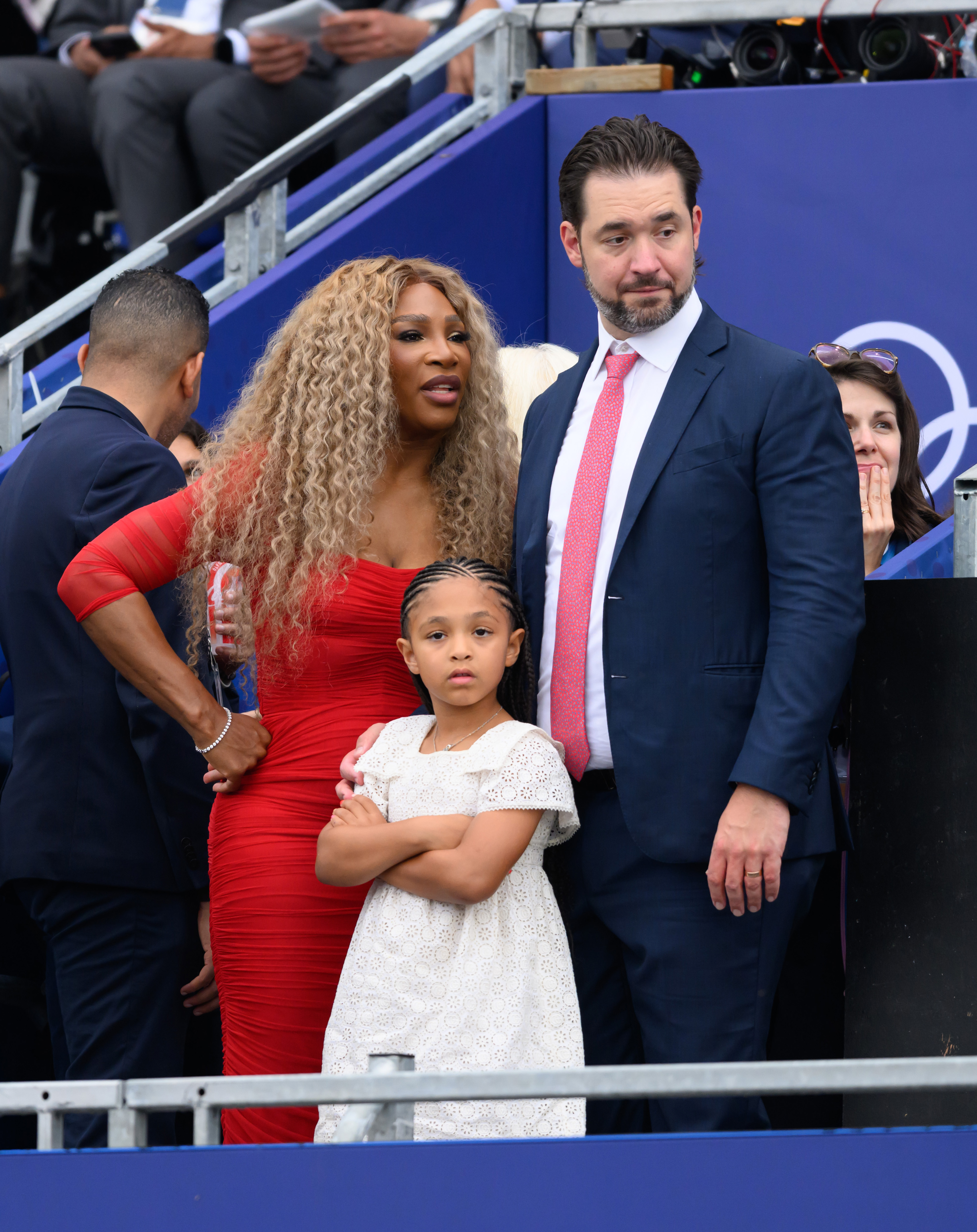 Serena Williams, Alexis Ohanian, and Adira River attend the Opening Ceremony of the Olympic Games Paris 2024 at the Trocadero in Paris, France, on July 26, 2024. | Source: Getty Images