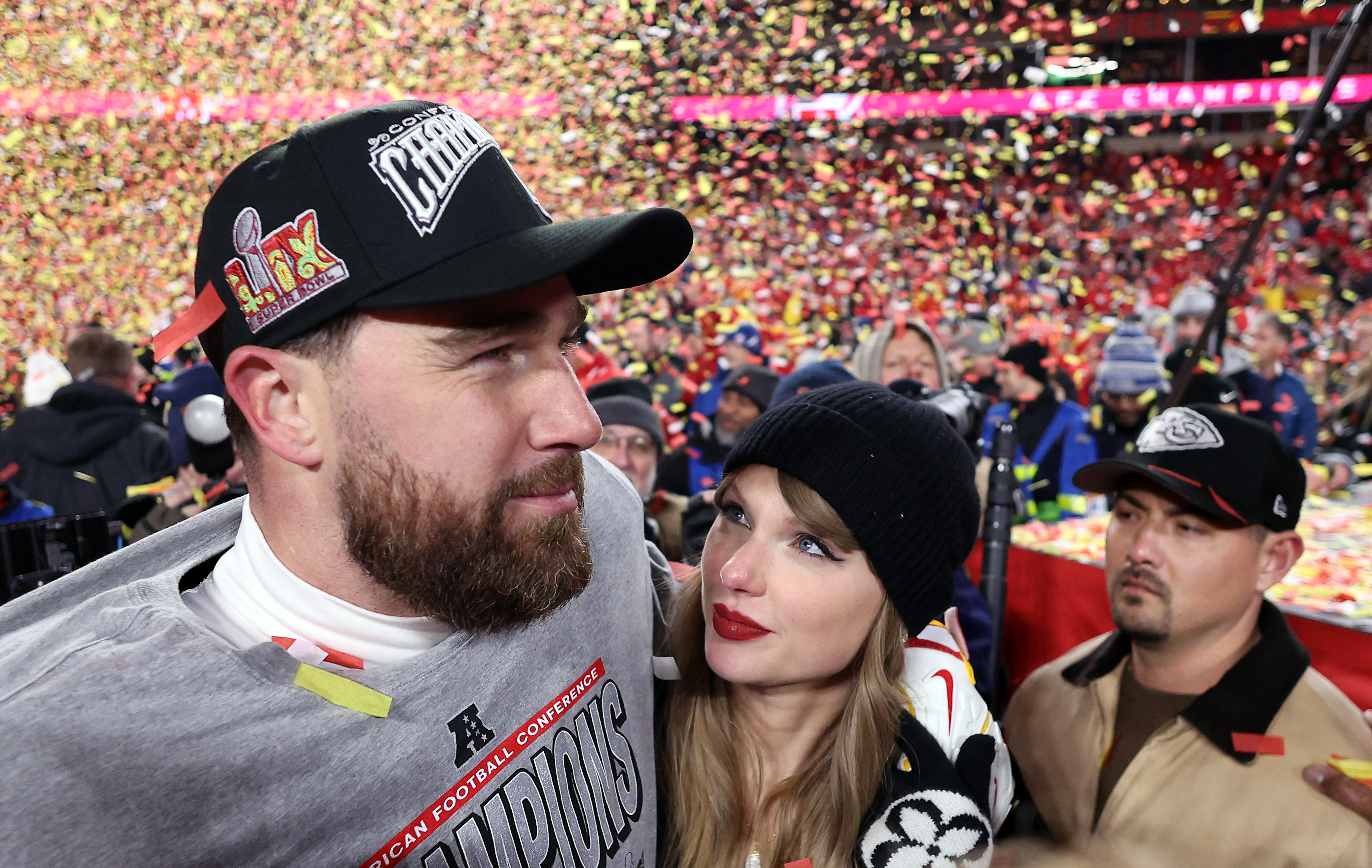 Travis Kelce celebrates with Taylor Swift after the Chiefs defeated the Buffalo Bills, on January 26, 2025 | Source: Getty Images