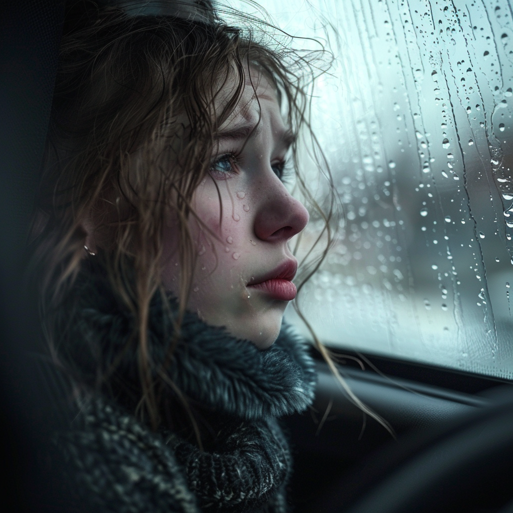 A sad girl looking out the car window | Source: Midjourney