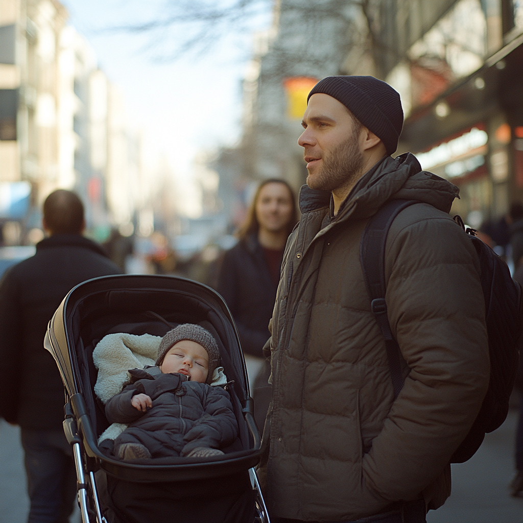 A man standing by a stroller while talking to someone | Source: Midjourney