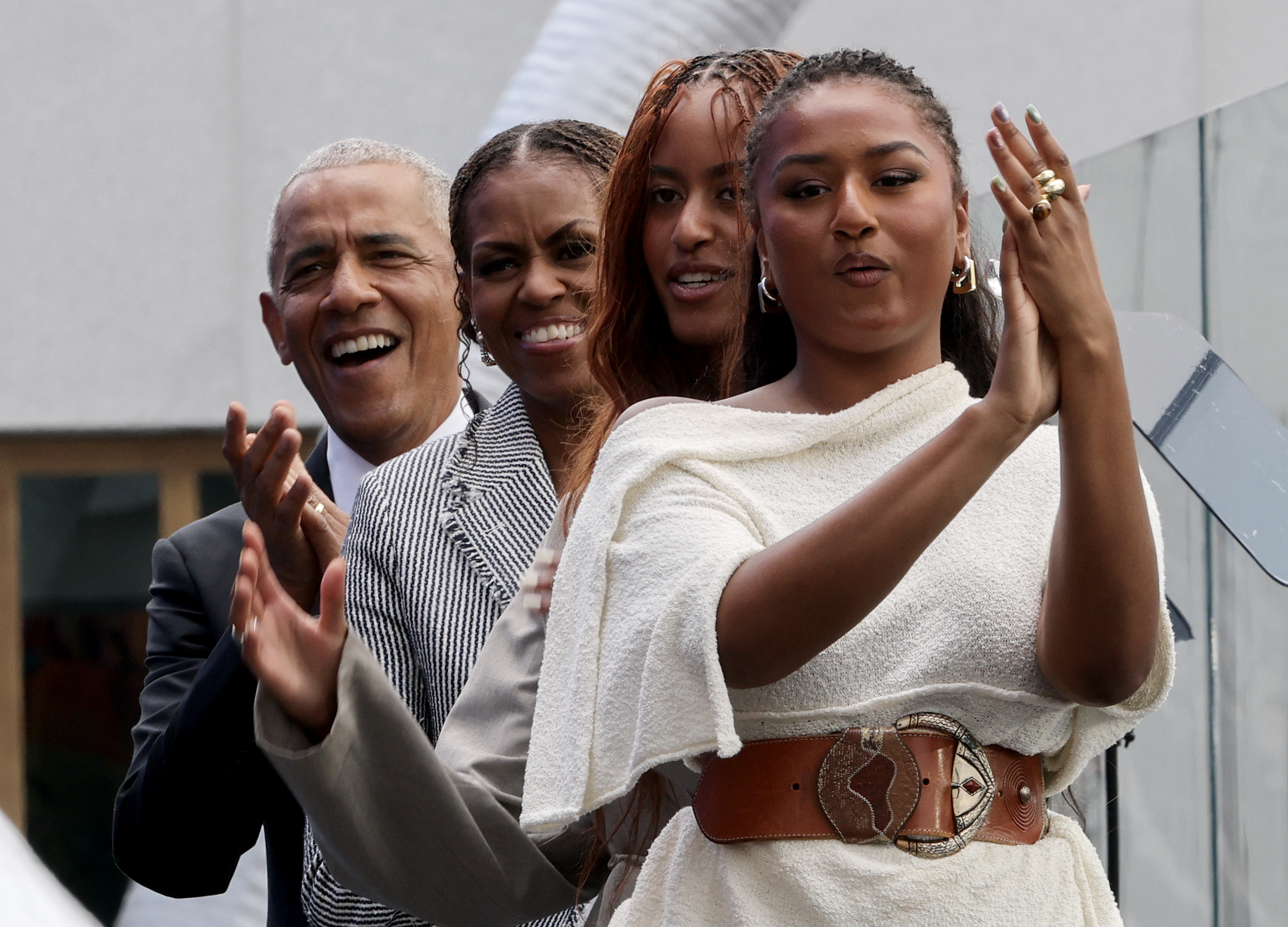 Netizens continuously noted how much the young women took after their famous parents. In this photo, the family cheered during the dedication ceremony for the opening of the Barack Obama Presidential Center at John Lewis Plaza on June 18, 2026, in Chicago, Illinois. | Source: Getty Images