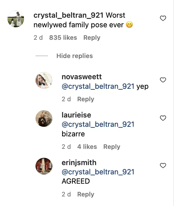 Comments of Carly Fink and Myles Murphy’s wedding photo. | Source: Instagram/ people