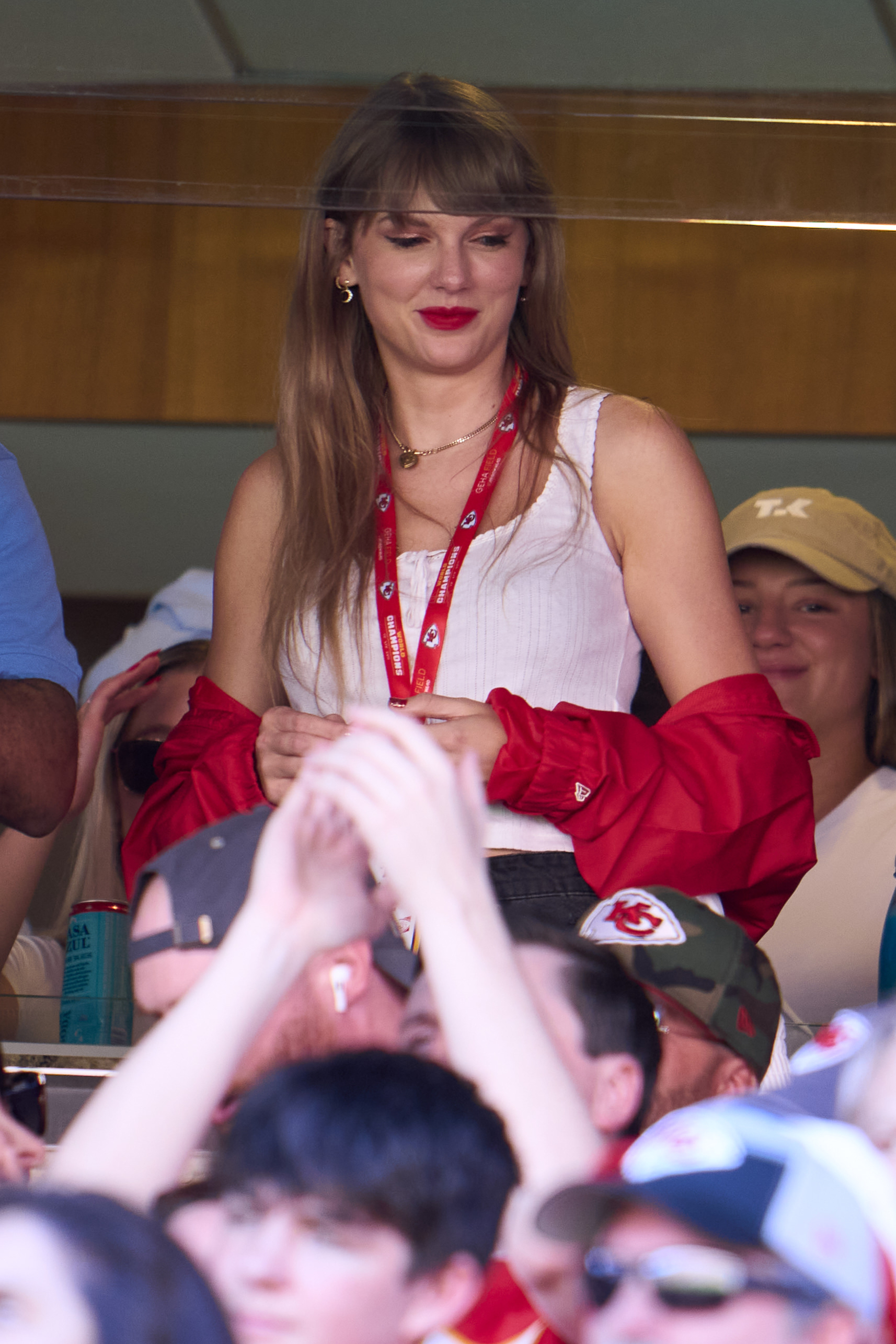 Taylor Swift cheers from a suite as the Kansas City Chiefs play the Chicago Bears at GEHA Field at Arrowhead Stadium on September 24, 2023 in Kansas City, Missouri | Source: Getty Images