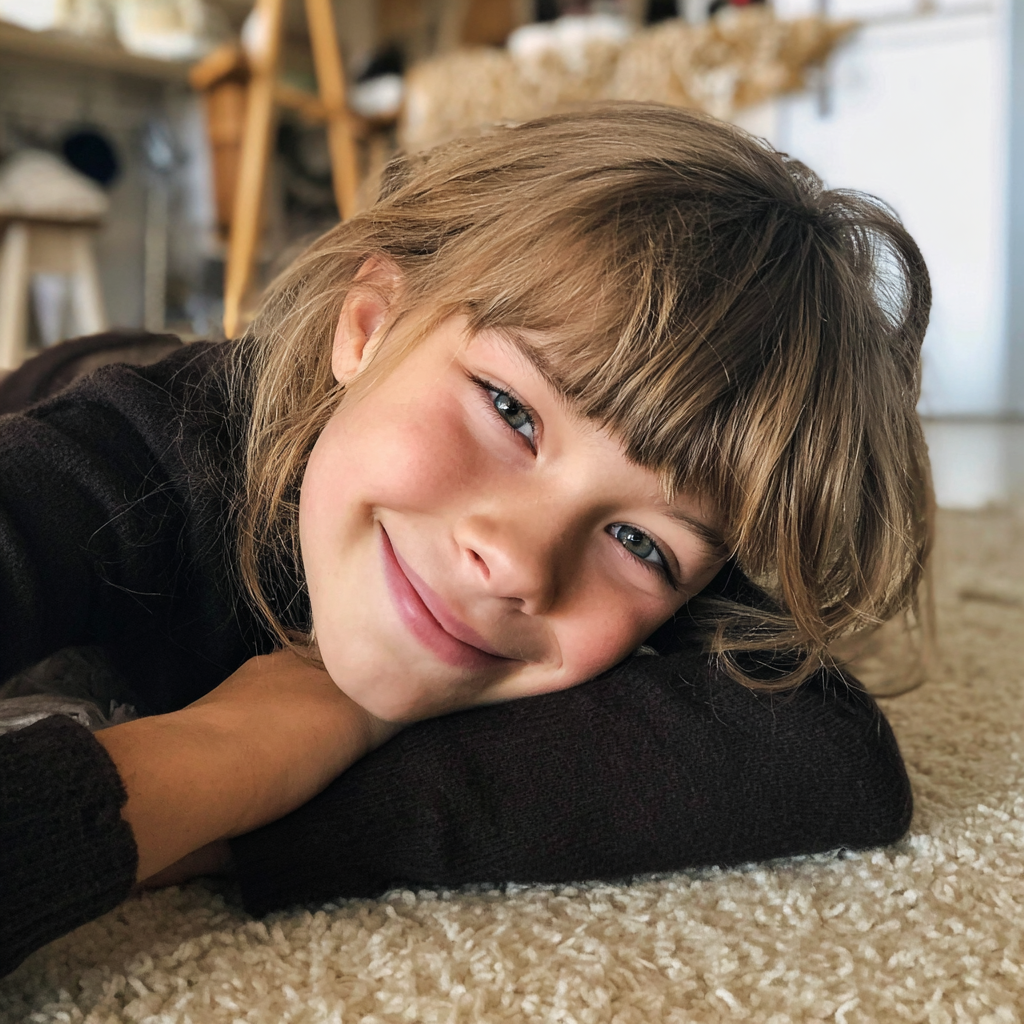 A smiling little girl lying on a carpet | Source: Midjourney