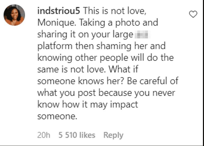 A comment from a fan addressing Mo'nique's post on Instagram | Photo: Instagram.com/threalmoworldwide