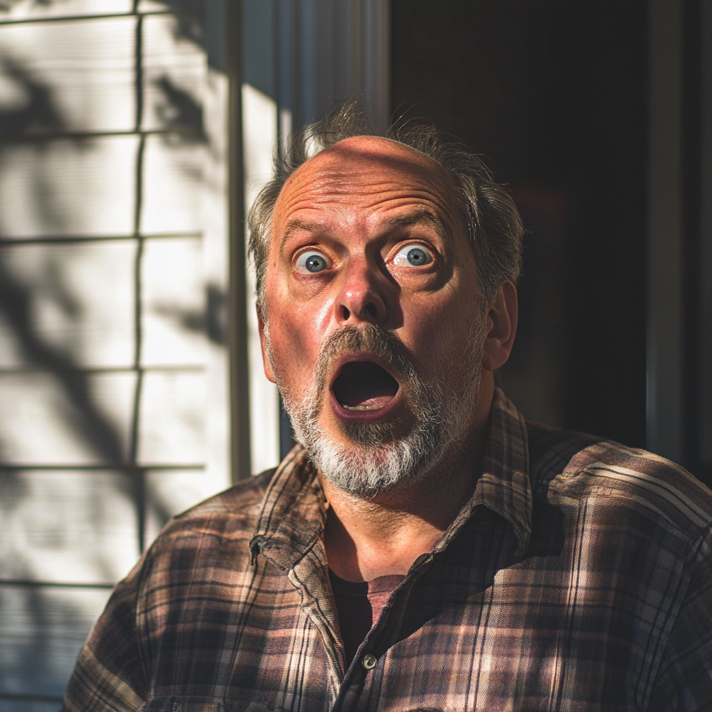 A shocked middle-aged man on the porch | Source: Midjourney