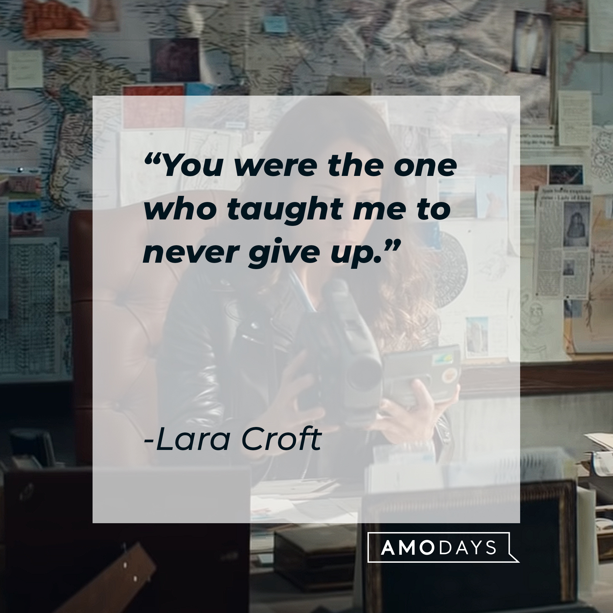 An image of Alicia Vikander’s Lara Croft with her quote: “You were the one who taught me to never give up.” | Source: youtube.com/WarnerBrosPictures