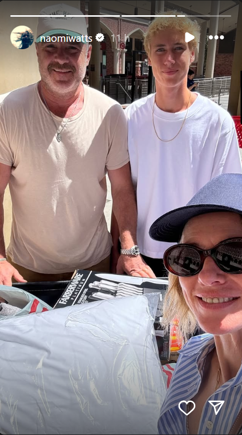 Naomi Watts, Liev Schreiber, and their son Sasha are captured shopping together, from a post dated August 19, 2025 | Source: Instagram Story/naomiwatts