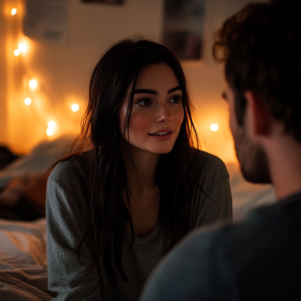 A woman talking to a man in her bedroom | Source: Midjourney