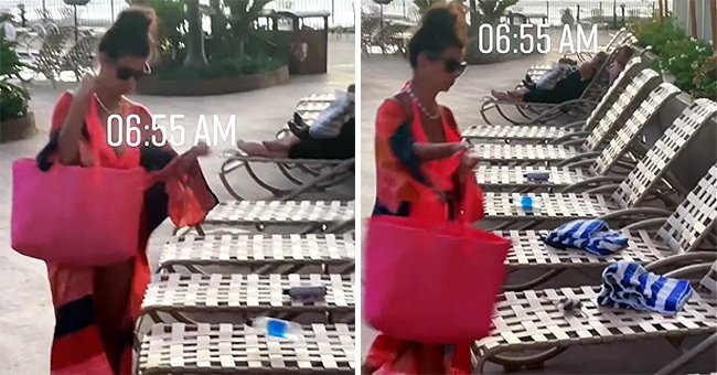 A woman placing water bottles and towels on top of lounge chairs to reserve them. | Source: tiktok.com/sarah_jade