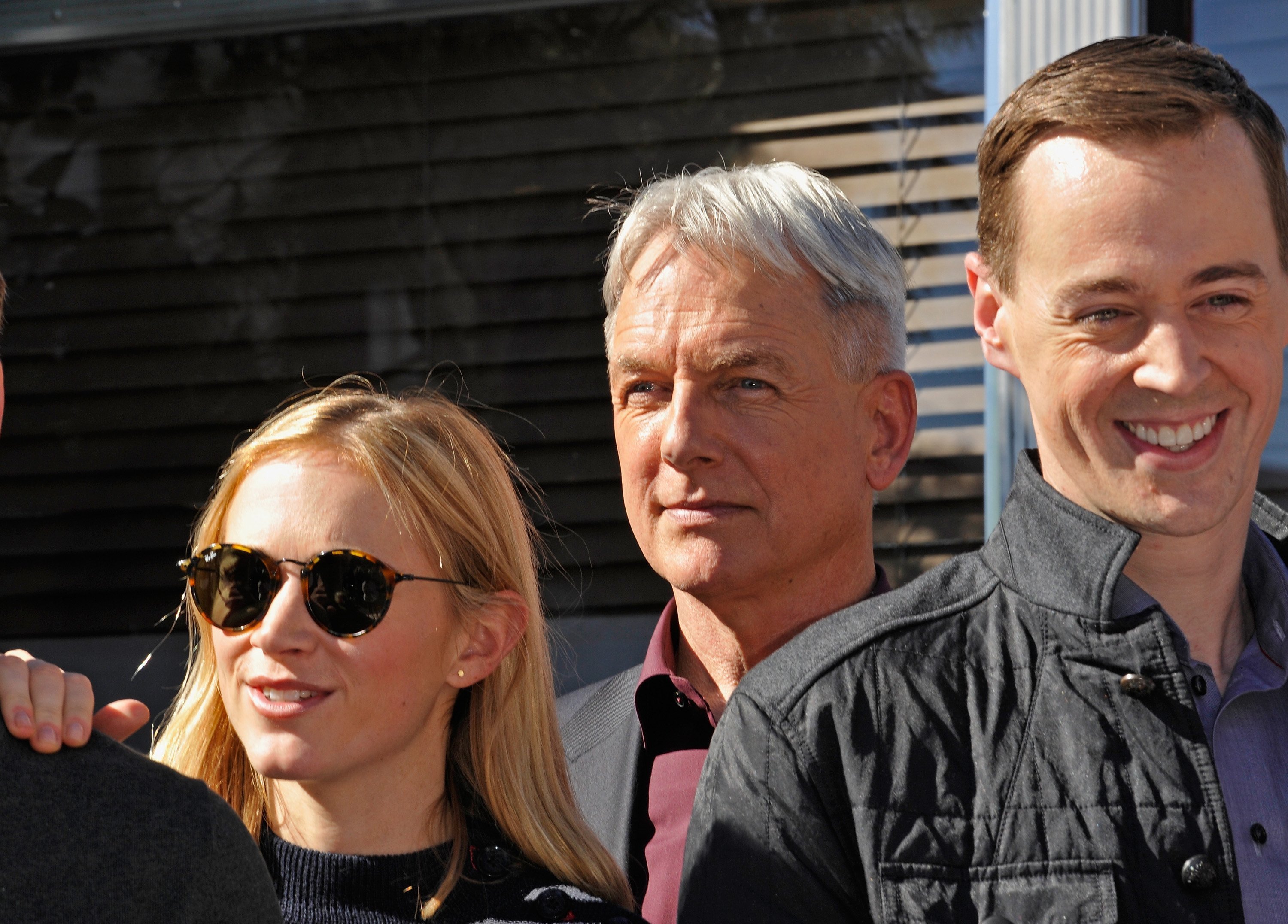 Actors Emily Wickersham, Mark Harmon, and Sean Murray attend the cake cutting celebration for "NCIS" 300th episode. | Source: Getty Images