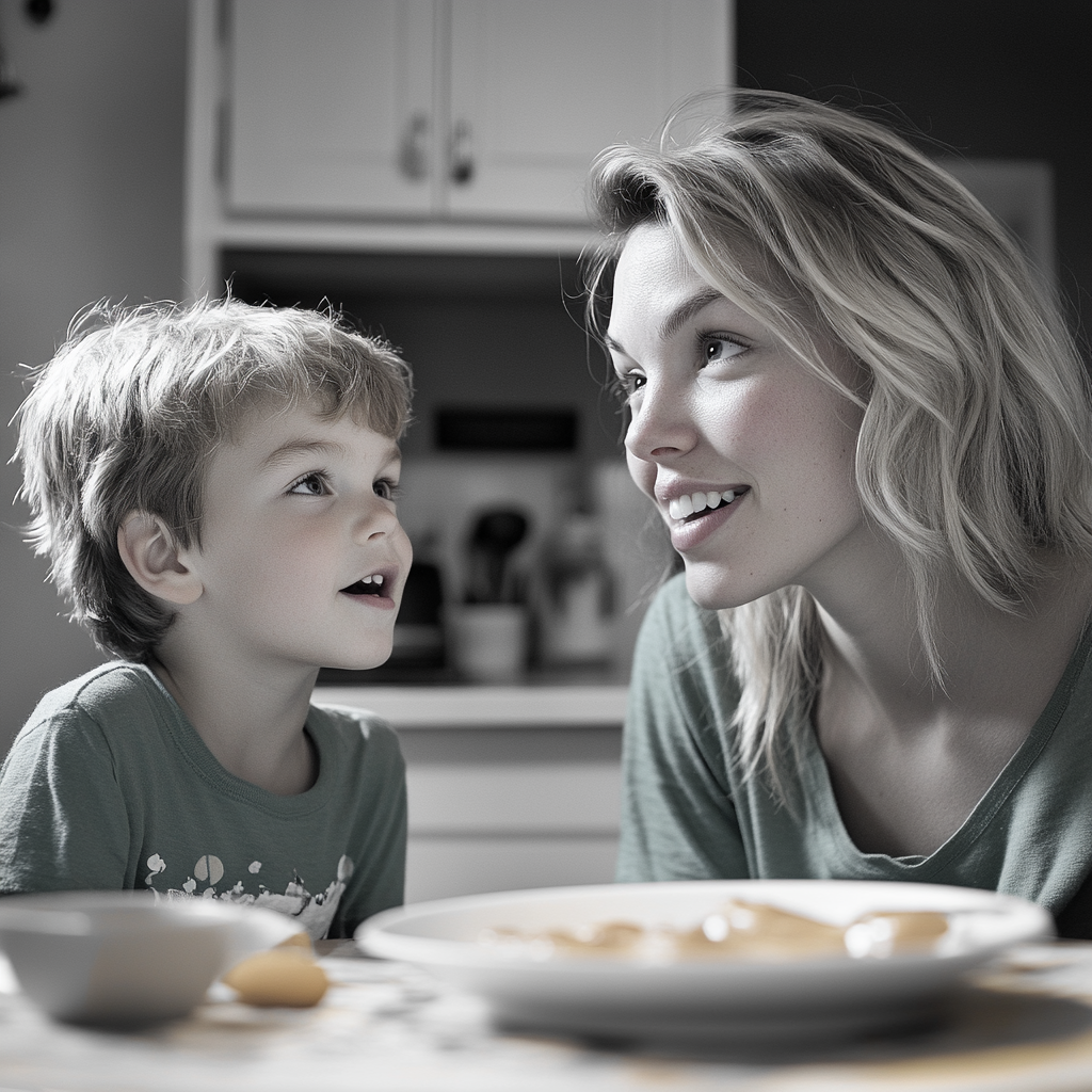 A woman talking to her little son at the kitchen table | Source: Midjourney