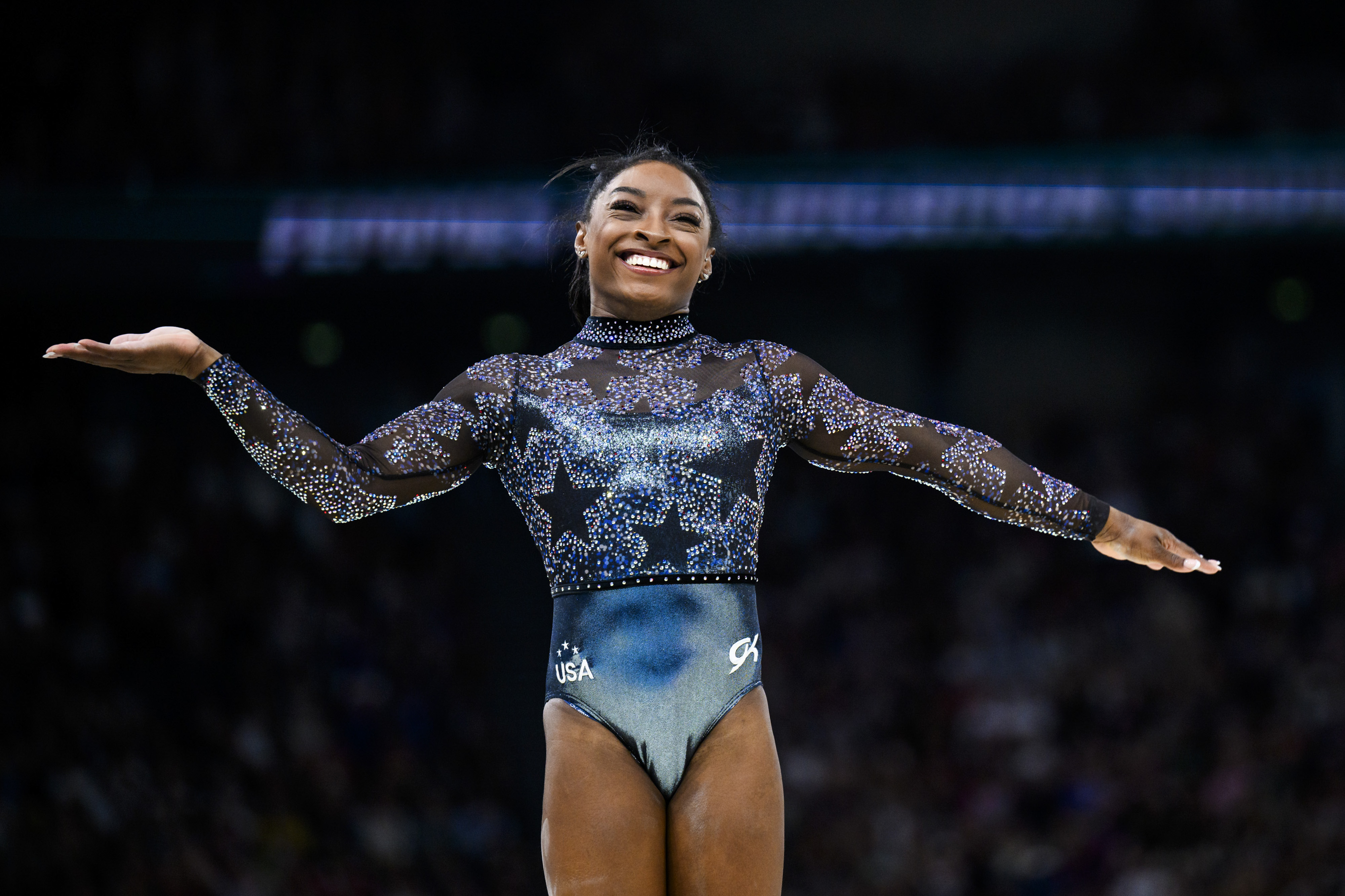 Simone Biles reacts after her balance beam routine at the Paris 2024 Olympics on July 28, 2024 | Source: Getty Images