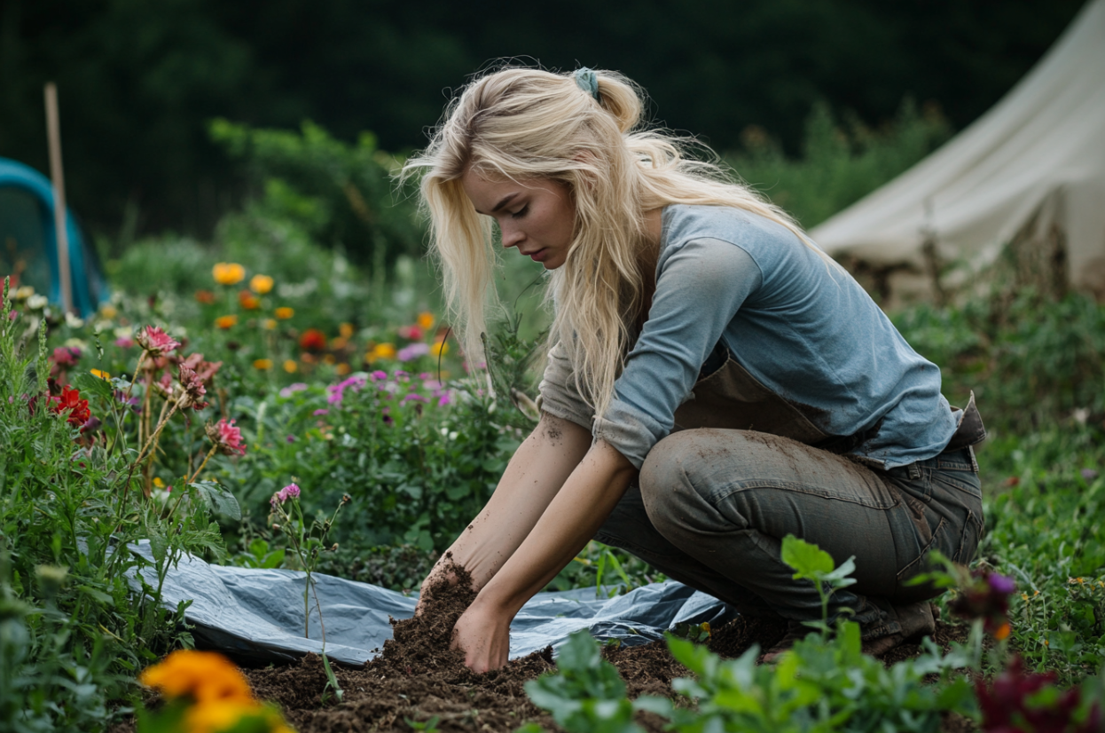 A woman burying a large object in a flower bed | Source: Midjourney