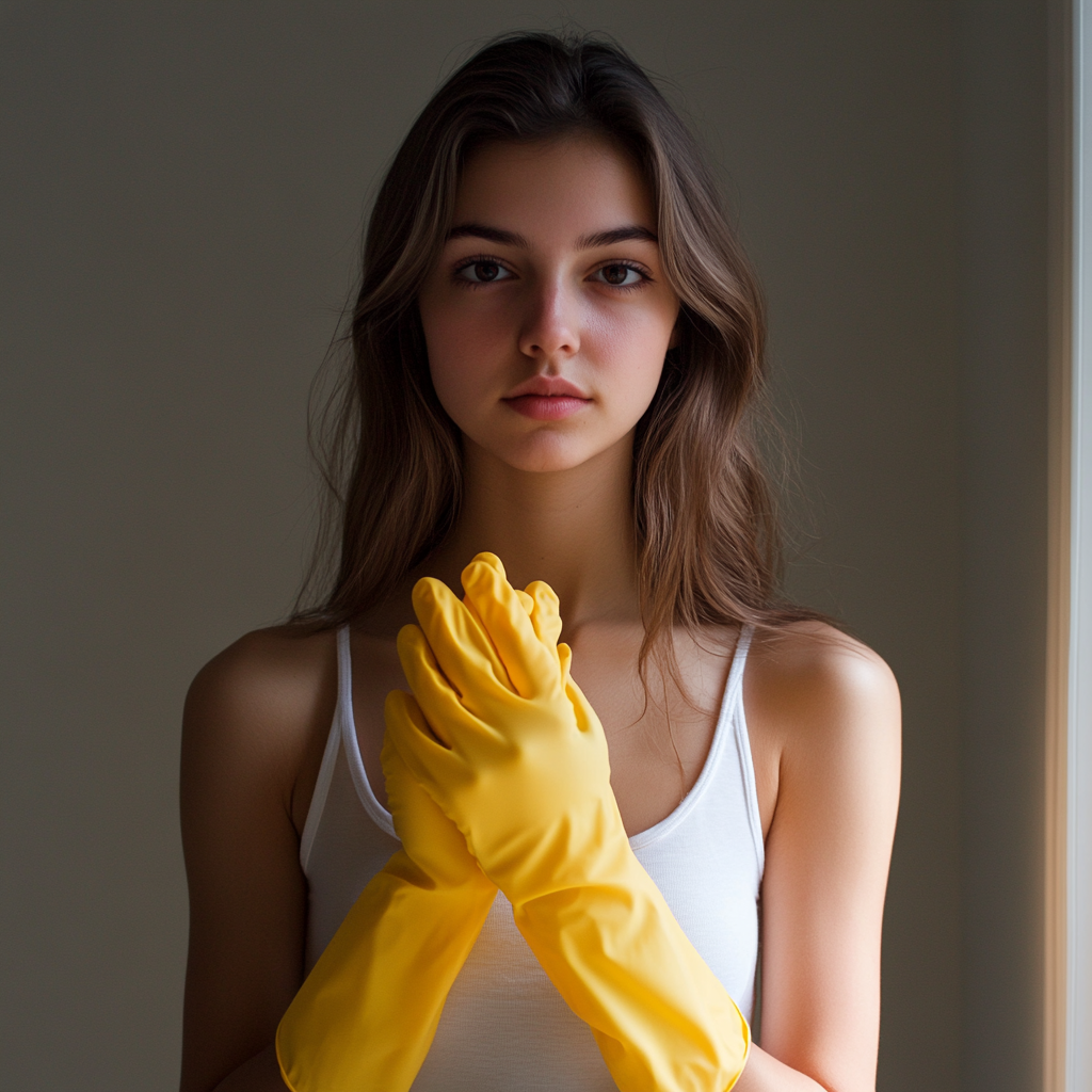 A young woman with yellow rubber gloves | Source: Midjourney