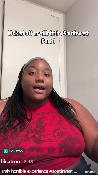 The 24-year-old described being left completely speechless as staff made their assessment of her in front of fellow passengers. | Source: TikTok/@lilcatron