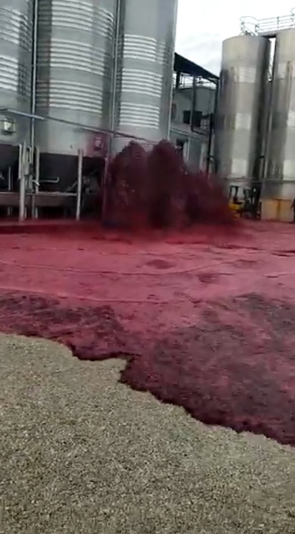 50,000 liters of red wine spilling out of a tank owned by Vitivinos winery in Albacete Spain | Photo: Twitter/Radio Albacete
