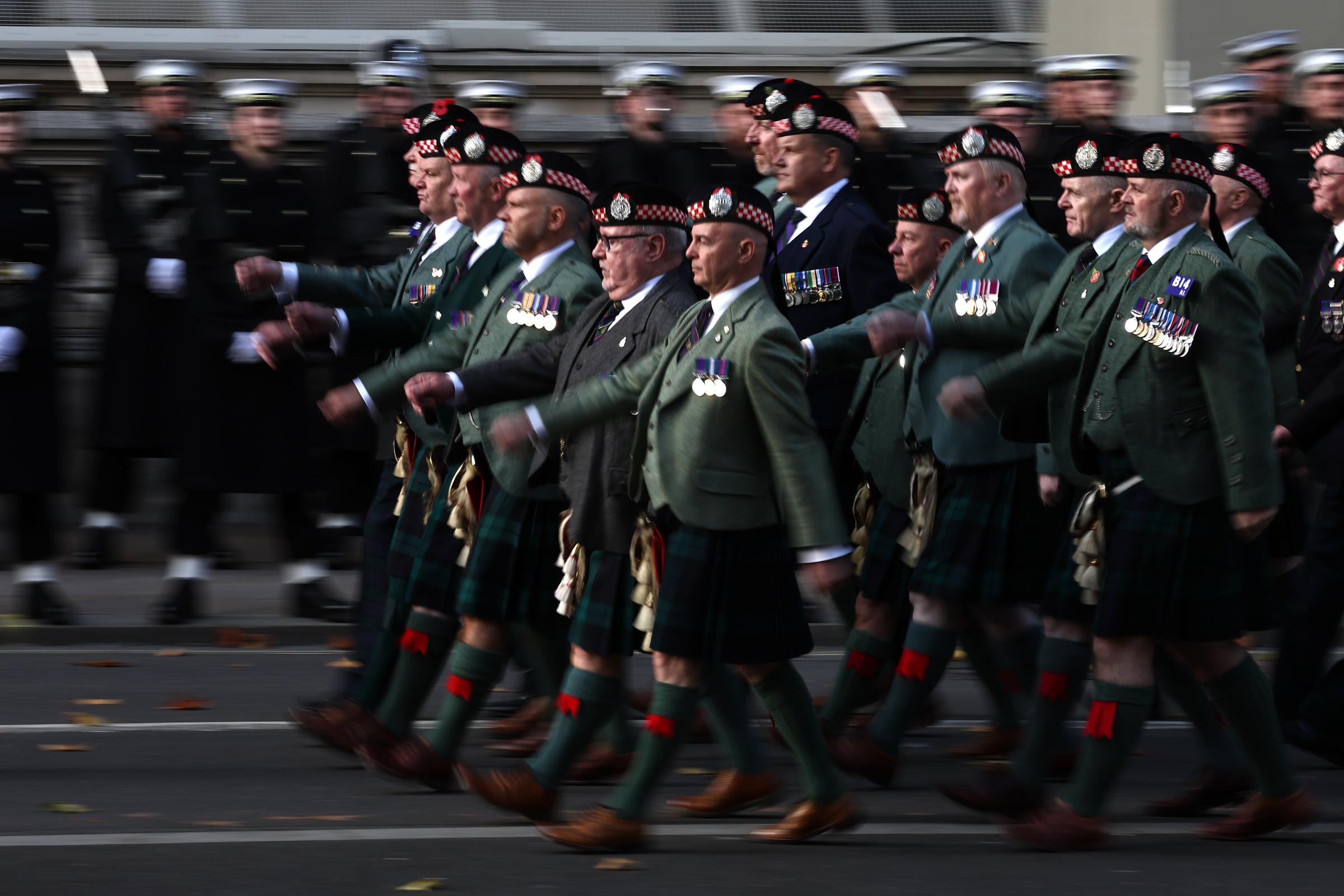 Veterans march past the Cenotaph at the end of the Remembrance Sunday ceremony on Whitehall on November 9, 2025 in London, England | Source: Getty Images