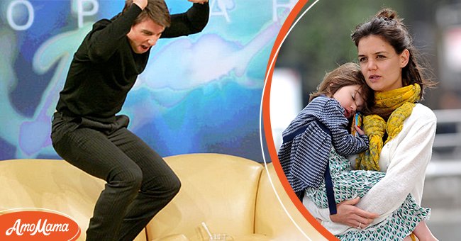 Tom Cruise jumping on Oprah Winfrey's couch in May 2005 [left]. Katie Holmes and Suri Cruise on October 10, 2009 in Boston, Massachusetts [right] | Photo: Twitter.com/HuffPost - Getty Images
