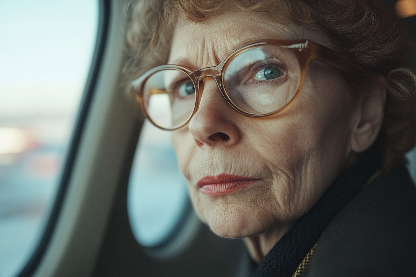 An older woman in an airplane | Source: Midjourney