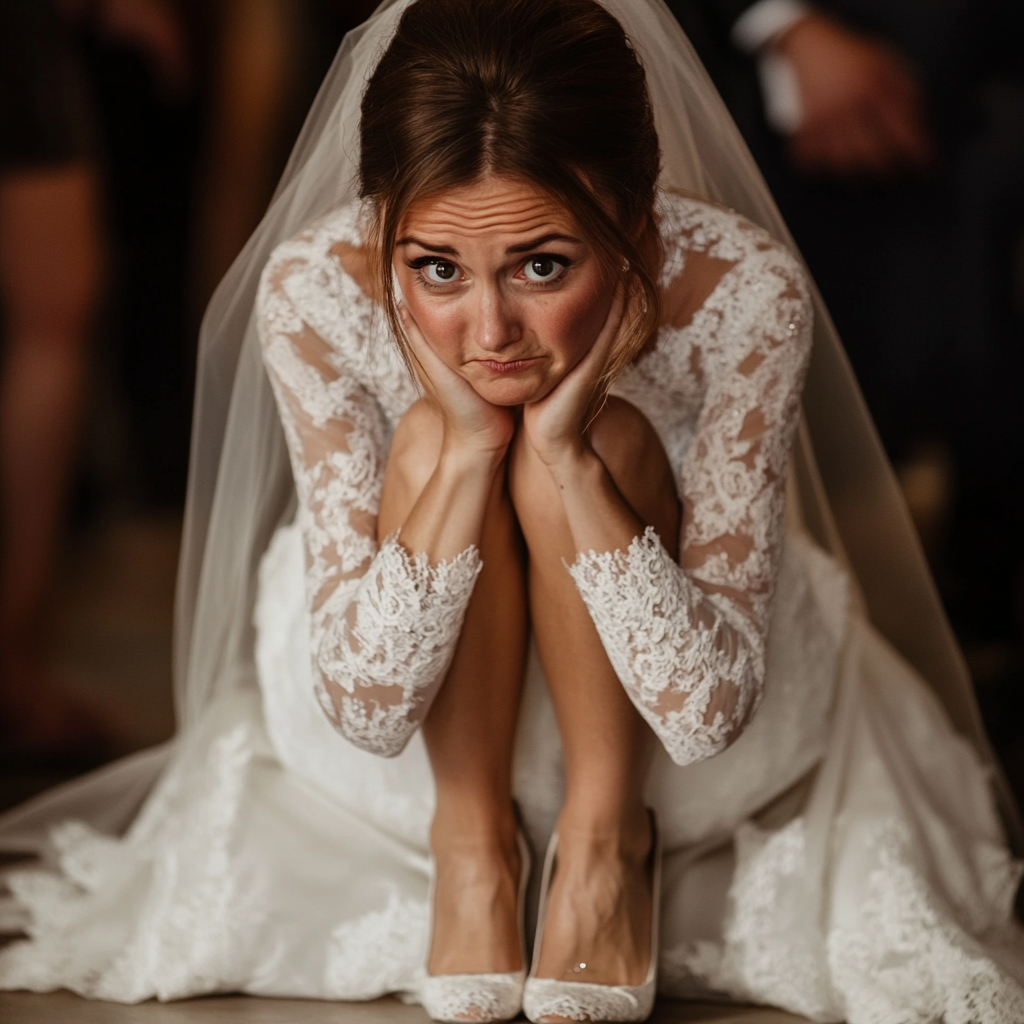 Bride seated on the floor with a pained expression | Source: Midjourney